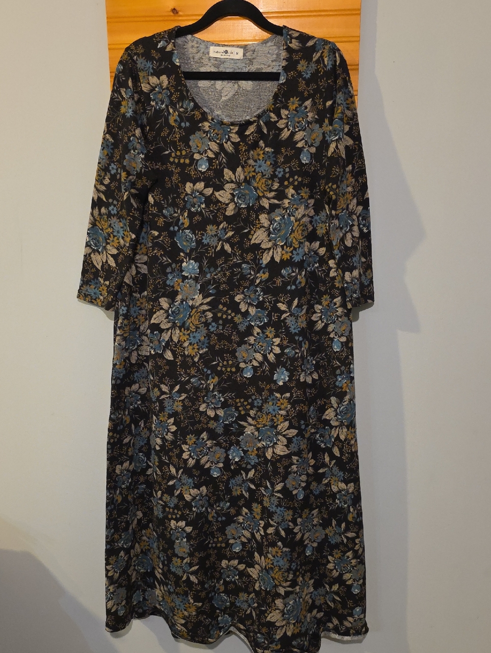 Women's Black Floral A-Line Dress - Blue & Cream